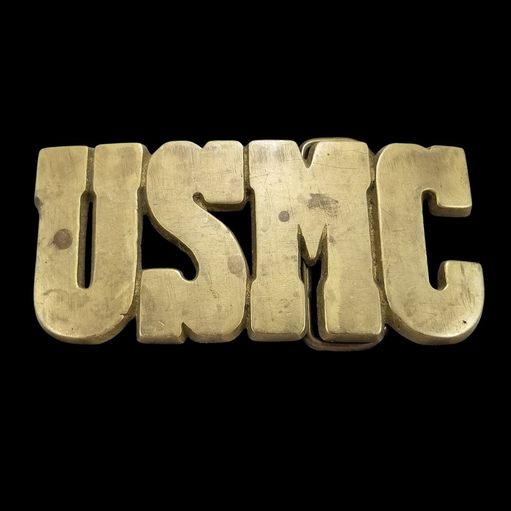 USMC United States Marine Corps Solid‎ Brass Belt Buckle Vintage Taiwan Made